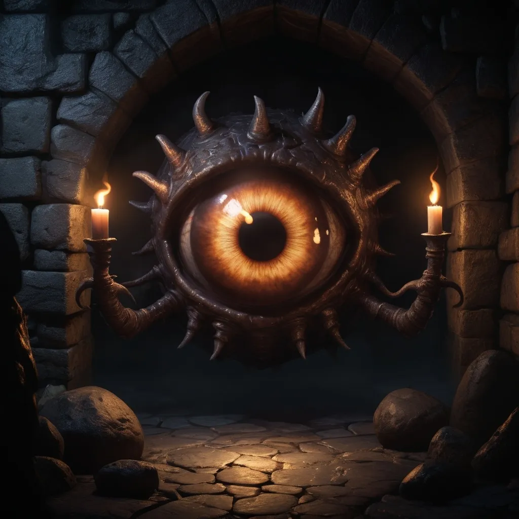 Prompt: (DnD beholder), (10 smaller eyestalks), (one big centre eye), dark dungeon setting, stone walls, eerie shadows, flickering torchlight casting ominous glows, high detail, dramatic lighting, atmospheric depth, (4K), intense and foreboding ambiance, mysterious textures and elements, captivating fantasy scene.