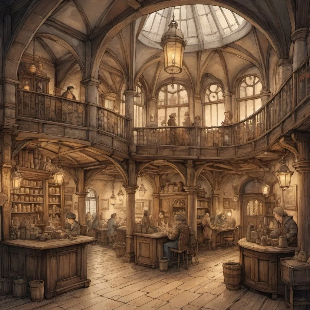 Prompt: Anton Pieck style illustration inside the merchants guild, overview, vintage paper texture, intricate line work, high detail, mystical atmosphere, warm and nostalgic tones, soft lighting, high quality, romantic