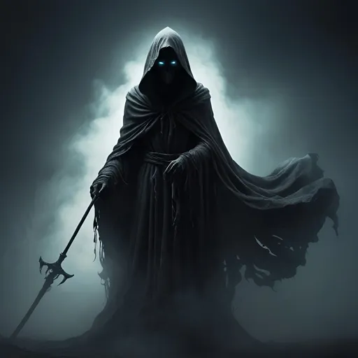 Prompt: shrouded ghost shape, hooded ghost  appearing from black fog, wrapped in fog, holding a scyth, black smoke, floating, mysterious silhouette, eerie atmosphere, rags, assasin, high quality, flowing billowing outfit, detailed, digital art, dark fantasy, cool tones, atmospheric lighting, haunting presence, detailed cloak, menacing gaze, best quality, highres, ultra-detailed, digital art, dark fantasy, cool tones, mysterious, atmospheric lighting