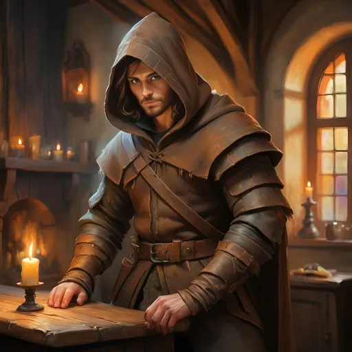 Prompt: (mysterious hooded figure in leather armor), tavern setting, in the shadows, leonid afremov style, medieval fantasy setting, dim lighting, intricate rustic interior, antique wooden furniture, flickering candles, smoky atmosphere, watercolor painting style, muted earth tones, soft and subtle brush strokes, high quality.