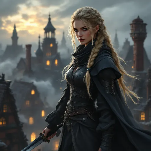 Prompt: digtial art, stunningly beautiful blond braided assassin, lovely face, clad in dark leather clothes like billowing smoke, only light comes from the houses below, dark tones, poised on the rooftops of a medieval fantasy town, daggers at the ready,  dramatic emerging from the shadows, shadows casting a mysterious atmosphere, richly textured architecture in the background, tension-filled ambiance, dynamic pose ready for action.