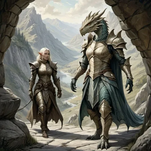 Prompt: fresco of a full body scene of a Dragonborn and a DnD Elf paladin character, medieval fantasy, group of adventurers in the background, Walking through a mountain pass, sketch art, intricate Victorian armor, detailed scales, high quality, medieval fantasy, intricate armor, mythical creatures, dramatic lighting, intense atmosphere, detailed facial features, fantasy illustration