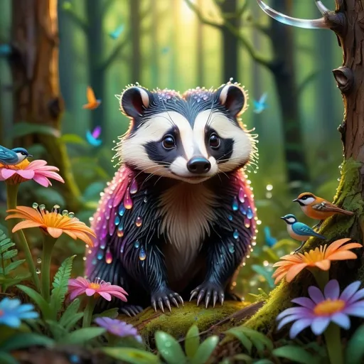 Prompt: multiple animals in the forest, cute, vibrant spring colors, intricate floral details, detailed dew drops, ethereal and glowing aura, high quality, realistic, , glowing aura, sunrays, badger, birds, horns