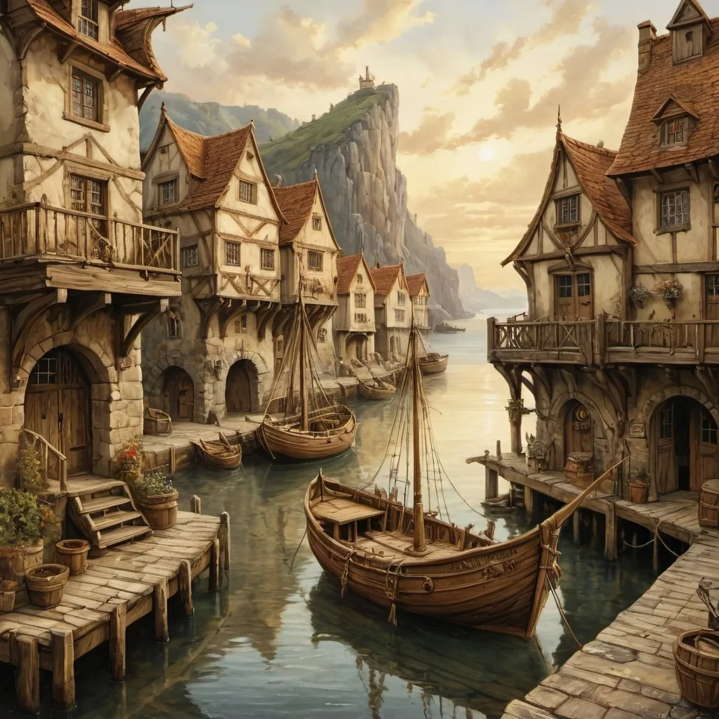 Prompt: oil painting, (medieval harbor setting), (small antique sailing fishing boat),  wooden anton pieck styled chaotic structures,  charming  arced wooden docks, intricate details, gentle waves, warm diffuse sunlight, historical architecture, fantasy elements, tranquil ambiance, rocky cliffs,  picturesque horizon blending into a golden cloud  sky, inviting atmosphere, dragon on the cliffs