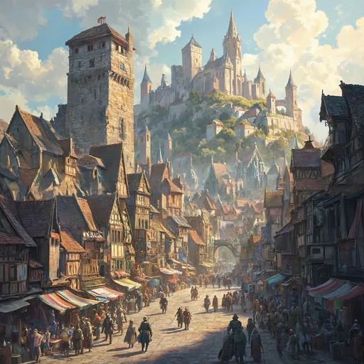 Prompt: Create a realistic digital artwork depicting a medieval fantasy grand distand cityscape as a birds eye view in the enchanting style of Anton Pieck and the story style of terry pratchett. Imagine bustling many little streets teeming with life, where merchants call out from their stalls in a lively marketplace, filled with vibrant fabrics and exotic wares. Tower above, a characteristic watch tower giving a sense of security, its stone facade kissed by warm sunlight, casting long shadows across the cobblestone streets below. In the distance, the majestic castle sits atop a hill, its turrets scraping the sky, while a magical temple gives a refuge to the citizens nearby, its spires adorned with intricate carvings. City watch patrol diligently but friendly, their armor glinting in the soft, golden light of dawn, embodying a sense of order amidst the joyous chaos. The atmosphere is alive with chatter, laughter, and the distant sound of bells ringing.