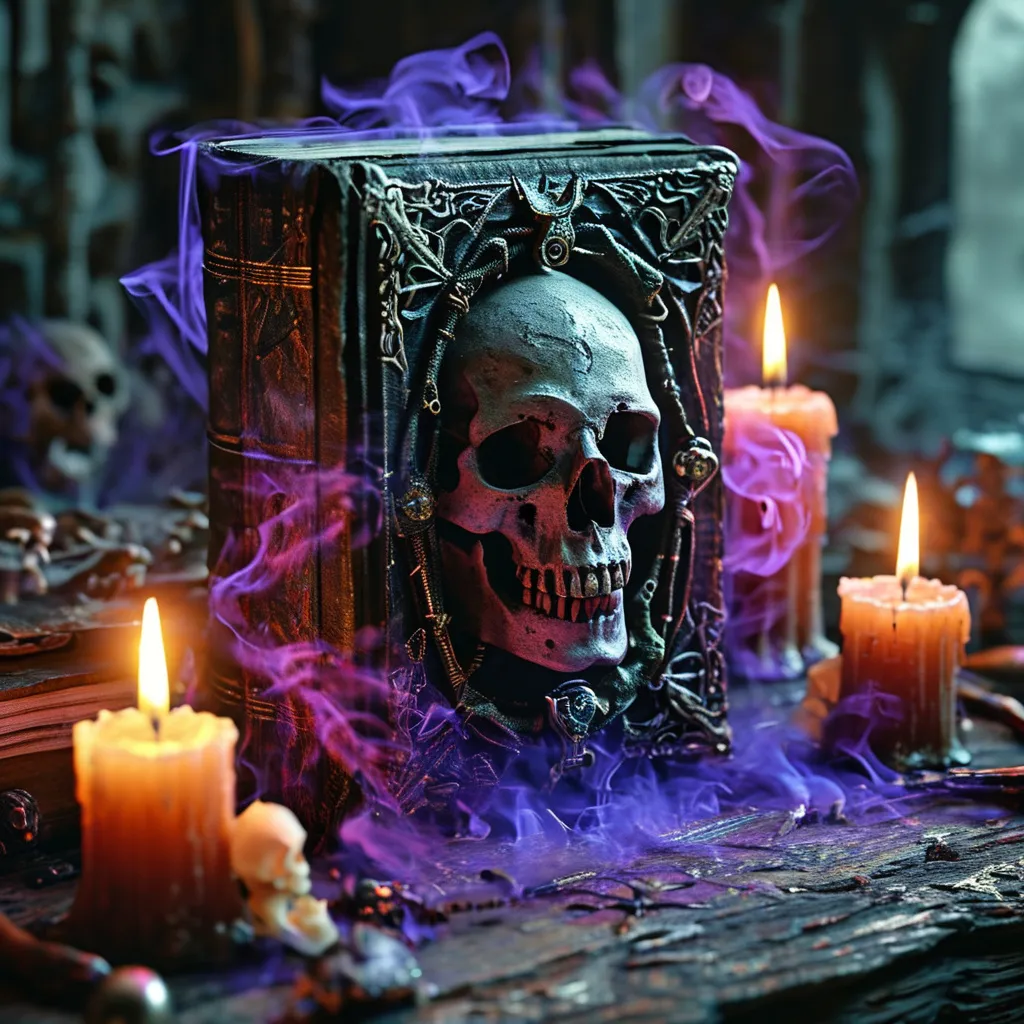 Prompt: (4K) necromantic grimoire, dark fantasy elements, swirling dark pruple smoke, eerie bones  symbols, mystic spells illuminating the pages, magical symbols and runes, Antique book with age-worn leather cover, shadowy surroundings, dim candlelight casting ominous shades, hauntingly atmospheric, deep shadows, enchanted medieval ambiance, ultra-detailed, gothic design, creating a sense of dark magic and mystery.