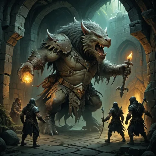 Prompt: (dungeon scene in Justin Gerard style), (fantasy artwork), dynamic composition, mythical monsters, brave adventurers, detailed character designs, vibrant colors, ambient magical lighting, intricate textures, immersive atmosphere, rich storytelling elements, high-resolution, captivating fantasy world, dramatic shadows, depth in details, enchanting background.