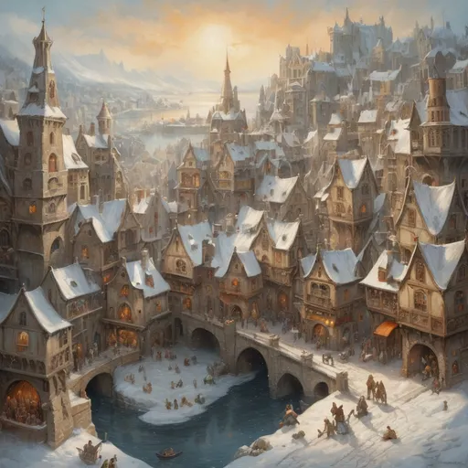 Prompt: Oil painting of an (medieval fantasy town in winter), inspired by Anton Pieck style, (rich in detail), charming houses with intricately designed facades, towers and castles, barroc palaces, city walls, snow-covered rooftops, bustling market crowded with lively characters, magical spells in the air,  on the coast with ships in the ice,  warm sun beams breaking through soft winter clouds, creating a serene and magical ambiance, mountains in the background, ( vibrant colors) for a captivating and nostalgic scene.