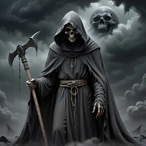 Prompt: Hooded and cloaked ghost in ragged cloth standing in rolling black clouds, fog all aroud, wielding a reaper scythe, detailed hour glass time piece, death, clawed hands, draped in dark and torn shrouds, floating, eerie atmosphere, high quality, digital art, haunting, wise and ancient, dark tones, detailed, professional