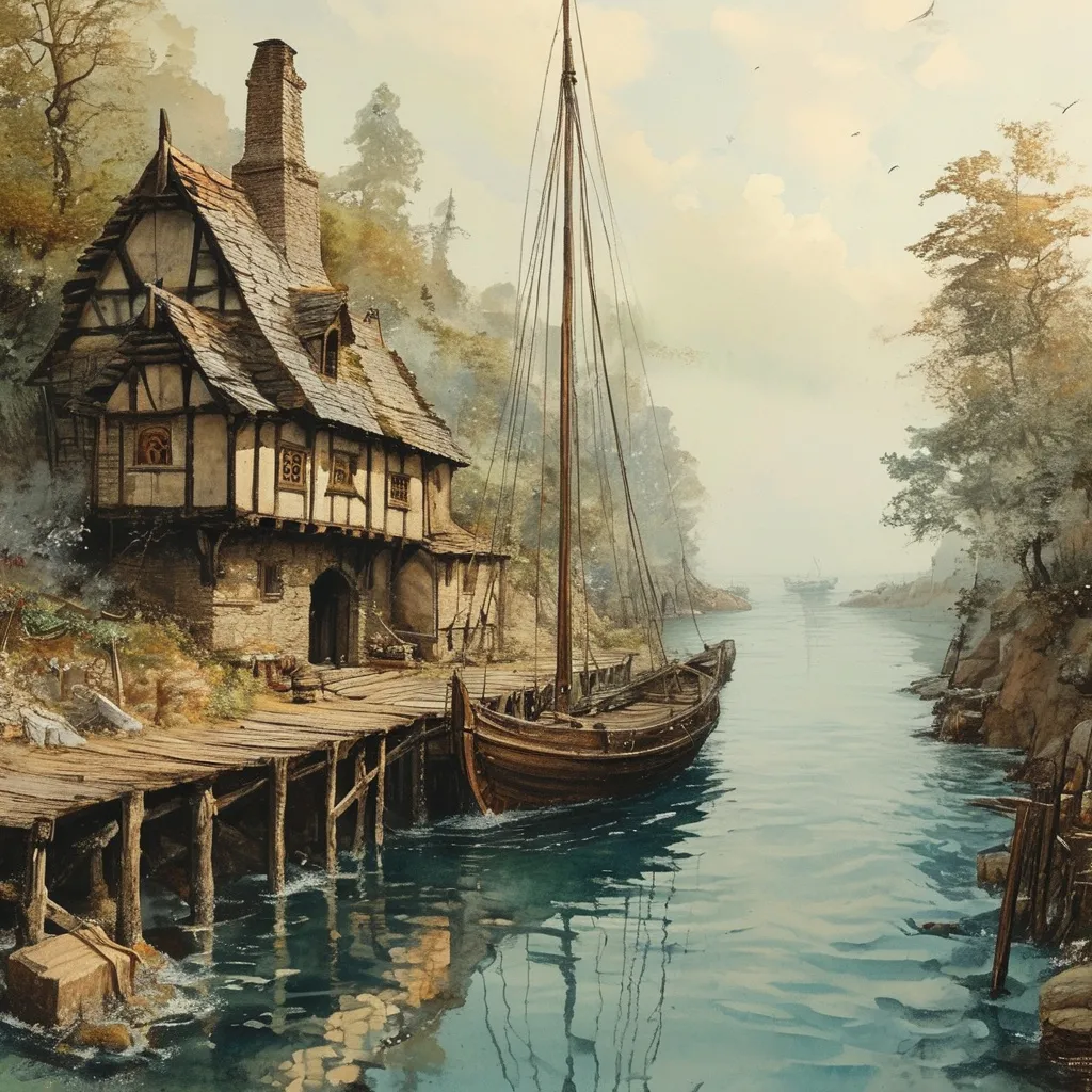 Prompt: (old man ship builder), (antique wooden wharf at the waters edge), (cranes and ropes) in intricate detail, medieval fantasy setting, watercolor painting anton pieck style, soft and muted colors, warm ambient lighting, filled with dust motes, nostalgic atmosphere, charming clutter, whimsical and dreamy quality, ultra-detailed, inviting vibe that captures the essence of craftsmanship and imagination.