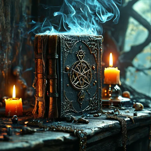 Prompt: (4K) necromantic grimoire, dark fantasy elements, swirling dark smoke, eerie bones  symbols, mystic spells illuminating the pages, magical symbols and runes, Antique book with age-worn leather cover, shadowy surroundings, dim candlelight casting ominous shades, hauntingly atmospheric, deep shadows, enchanted medieval ambiance, ultra-detailed, gothic design, creating a sense of dark magic and mystery.