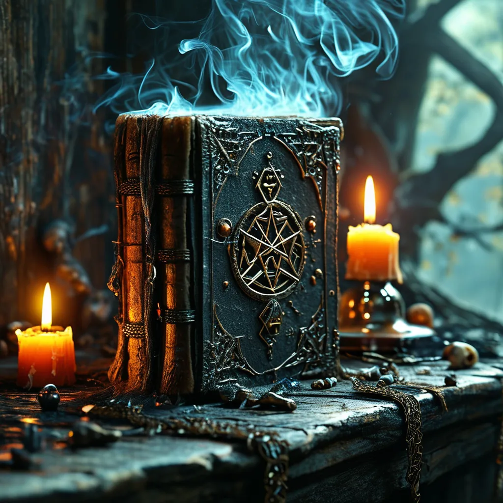 Prompt: (4K) necromantic grimoire, dark fantasy elements, swirling dark smoke, eerie bones  symbols, mystic spells illuminating the pages, magical symbols and runes, Antique book with age-worn leather cover, shadowy surroundings, dim candlelight casting ominous shades, hauntingly atmospheric, deep shadows, enchanted medieval ambiance, ultra-detailed, gothic design, creating a sense of dark magic and mystery.