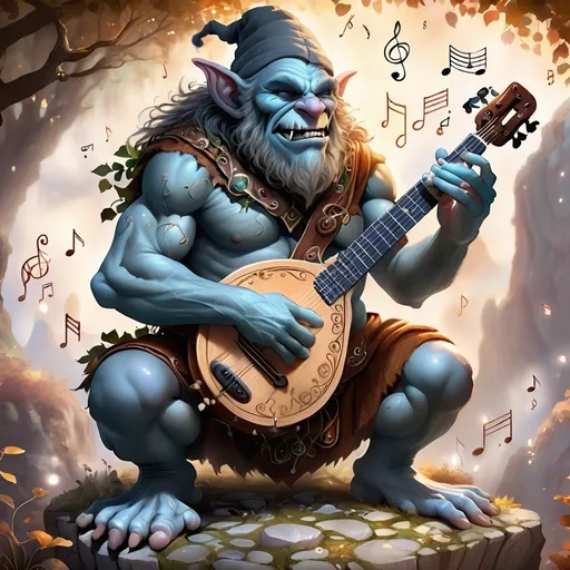 Prompt: realistic style, DnD large stone troll bard playing instrument, magical musical notes streaming in the air, warm tones, intricate details, fantasy, medieval, high quality, digital art, charming, enchanting, intricate details, epic scene