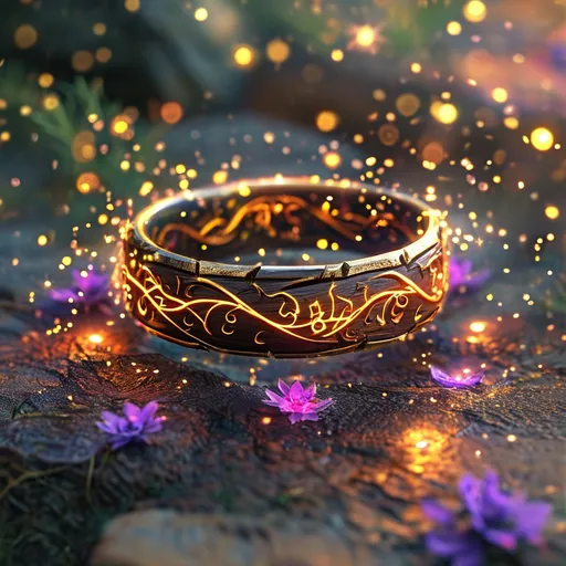 Prompt: (magical wooden druid ring floating in the air), (medieval fantasy),  spells vibrating in the air, vibrant warm colors illuminating the scene, mystical aura, ethereal glow, dynamic energy radiating, beautifully detailed textures, sense of enchantment, high fantasy atmosphere, serene background with soft lighting, ultra-detailed, captivating visual experience.