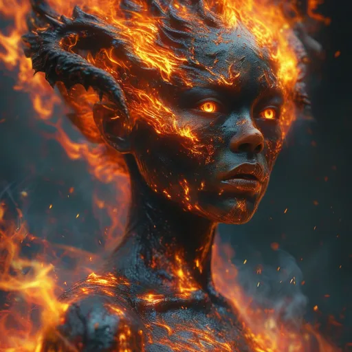 Prompt: (full body female humanoid fire elemental), body covering blazing flames, body of magma,  ethereal glow, flickering light, fiery aura, intense heat, swirling embers, charred ground, vibrant orange and red tones, high-contrast lighting, dramatic shadows, mystical atmosphere, otherworldly, inferno background, ultra-detailed, 4K, fantasy art, epic scene, high-intensity, mesmerizing blaze, darkened surroundings, smokey tendrils