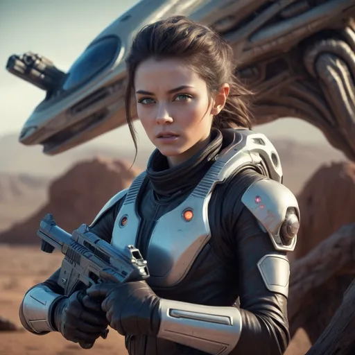 Prompt: Photo-realistic female space cowboy with laser guns, action scene, alien animals, and spaceships, futuristic Western style, pretty face, alien planets, detailed visual effects, high-quality, futuristic, space western, realistic lighting, intense and focused gaze, sleek technology, alien landscapes, advanced weaponry, sci-fi, professional, atmospheric lighting