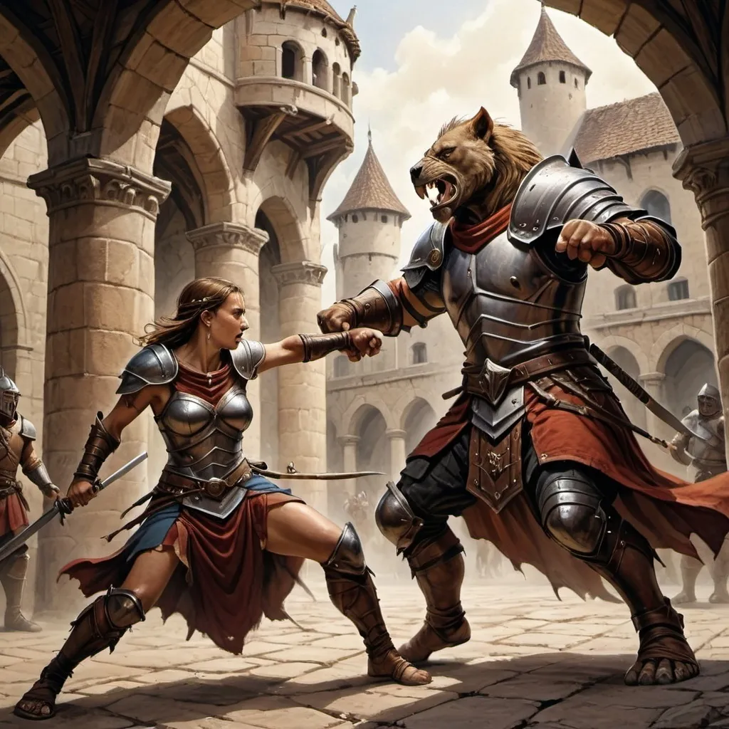 Prompt: gladiator style fight between beast and Female DnD character in an arena with medieval fantasy setting in the anton pieck style architecture