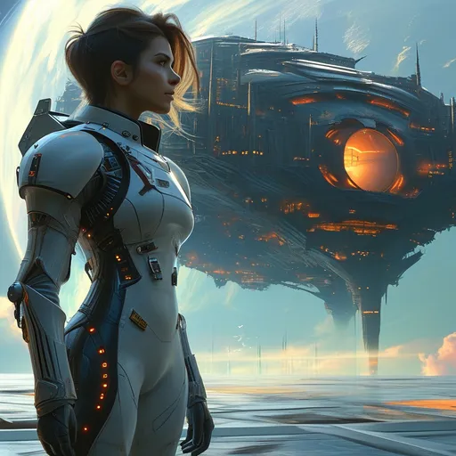 Prompt: A stunning, athletic female space cowboy pilot stands confidently beside her grand futuristic starship, which gleams under the ethereal glow of the stars and the colossal planet looming above. Her protective full body space pilot suit, a blend of metallic and fabric textures, reflects glimmers of starlight, showing her powerful physique and covers her entire body air-tight The futuristic yet medieval fantasy city behind her features towering spires adorned with intricate carvings, creating a dazzling contrast against the night sky. The air is imbued with a sense of adventure and possibility, punctuated by the soft hum of distant machinery and the gentle rustle of banners in the cool breeze. Shadows dance across the marble floor, illuminating her fierce expression, poised for her next journey. This scene unfolds in a cinematic style, capturing both the breathtaking atmosphere and the spirited essence of her character.
