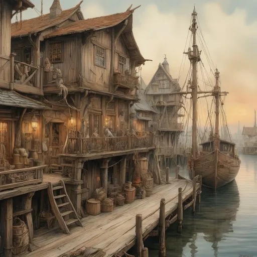 Prompt: (old man ship maker), (antique wooden wharf at the waters edge), (cranes and ropes) in intricate detail, medieval fantasy setting, watercolor painting anton pieck style, soft and muted colors, warm ambient lighting, filled with dust motes, nostalgic atmosphere, charming clutter, whimsical and dreamy quality, ultra-detailed, inviting vibe that captures the essence of craftsmanship and imagination.