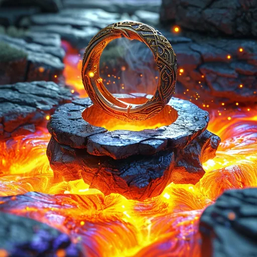 Prompt: (magical obsidian lava ring floating in the air), (medieval fantasy), pedestal, spells vibrating in the air, vibrant warm colors illuminating the scene, mystical aura, ethereal glow, dynamic energy radiating, beautifully detailed textures, sense of enchantment, high fantasy atmosphere, serene background with soft lighting, ultra-detailed, captivating visual experience.