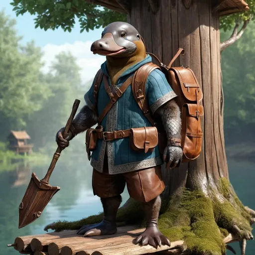 Prompt: realistic digital art, full body medieval fantasy traveler platypus, DnD style character, in front of a tree house, high detail, full body, leather backpack, front view, wooden spear in hand