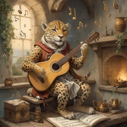 Prompt: DnD jaguar character bard playing an instrument, magical musical notes streaming in the air, Anton Pieck style painting, vintage warm tones, intricate details, whimsical fantasy, medieval, high quality, oil painting, good hair, charming, enchanting, intricate details, cozy lighting, hooves