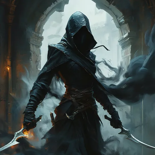 Prompt: shadow assassin DnD character, (swirling black smoke) enveloping a lithe figure, (daggers at the ready) poised for action, (medieval fantasy) atmosphere, deep shadows contrasting with faint glimmers of light, mysterious aura surrounding the character, high detail textures, (dramatic lighting) creating tension and intrigue, dark tones, (4K resolution) for a captivating and immersive scene.