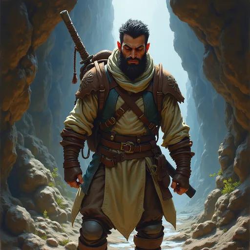 Prompt: (ant dnd Character), medieval adventurer, dungeon crawling, exploring dimly lit caves, rugged landscape, richly detailed oil painting, expressive facial features, sturdy leather backpack, atmospheric shadows, vibrant earth tones, mysterious ambiance, high-quality craftsmanship, dynamic composition, encapsulating the spirit of adventure and discovery.