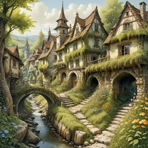 Prompt: (abandoned  overgrown fantasy town), enchanting creek flowing through the center, (Anton Pieck style) charming houses, hilly landscape, radiant sunny day, dreamy village atmosphere, elegant towers and spires, lush trees and vibrant flowers lining the roads, (oil painting), highly detailed, warm colors, inviting ambiance, tranquil setting, nostalgic charm.