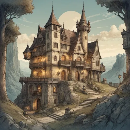 Prompt: Anton Pieck style illustration of an imposing DnD style fantasy mages guildhouse on a hill, floating tower, in a small town, singular building, one main entrance, overview, vintage paper texture, intricate line work, high detail, mystical atmosphere, warm and nostalgic tones, soft lighting, high quality, romantic