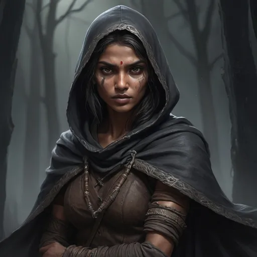 Prompt: High-quality dark fantasy digital painting of a fierce adivasi female assassin, detailed facial features, dark atmosphere, intense and focused gaze, dynamic full body action pose, leather, cloak, mysterious and shadowy lighting, cinematic, intense, dark tones, assassin, digital painting, detailed eyes, professional, anton pieck style