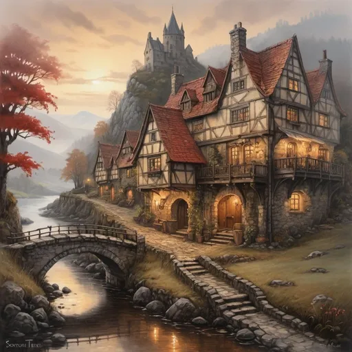 Prompt: Anton Pieck-style overview ink painting of a quint medieval fantasy country inn set in a hilly countryside, red morning lighting, foggy atmosphere, sunrise, golden glow, valley, morning dew,  lake, bridge, old time boat, homely, old time charm, detailed brushwork, woodwork, wine celler, cobblestone street, terras country carm,  rustic, old world charm, oil painting, dark tones, medieval, detailed ruins, foggy setting,  atmospheric lighting,  scotisch highlands