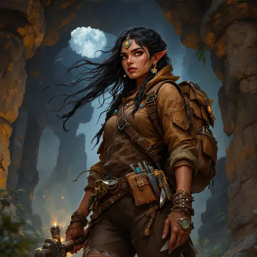 Prompt: digital art, Cute Tinkerer woman adventurer, adivasi appearence, with glowing doweyed brown eyes, medieval fantasy setting, wearing leather overalls, heavy boots, and jacket backpack, adorned with various tools, chaotic hair flowing wildly, showcasing a toned physique, exploring ancient ruins filled with mystical traps, dramatic lighting creating shadows, lush overgrown vegetation in the background, atmospheric tension and excitement, detailed, capturing the essence of adventure and discovery.