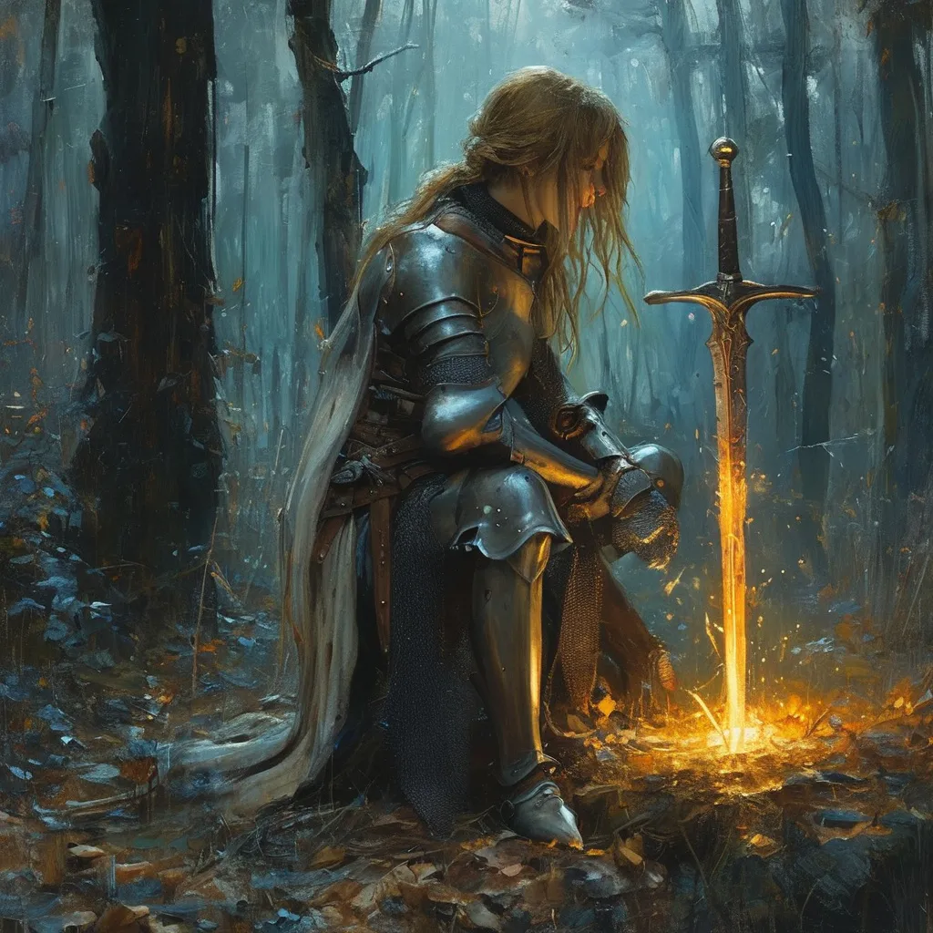 Prompt: oilpainting,  *(kneeling female knight)*, dark woods, eerie atmosphere, (pet dragon), (magical broken sword) emitting a soft glow, mystic shadows dancing on the ground, medieval fantasy, magical spells, shadows, enchanting yet haunting scenery, rich details in bark and foliage, (4K), overall vibe of sadness intertwined with a touch of magic, emotionally resonant and dramatic.