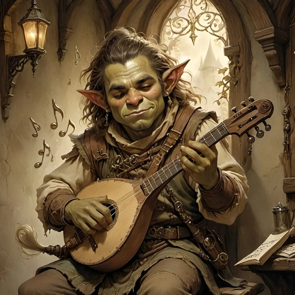 Prompt: DnD young orc bard playing instrument, magical musical notes streaming in the air, Anton Pieck style painting, vintage warm tones, intricate details, whimsical fantasy, medieval, high quality, oil painting, good hair, charming, enchanting, intricate details, cozy lighting