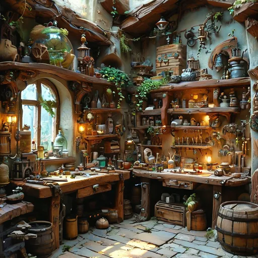 Prompt: (tinkering goblin), (medieval fantasy workshop), (Anton Pieck style oil painting), intricate contraptions, cluttered workbench, a variety of tools scattered around, earthy home,  warm earthy tones, magical ambiance, whimsical atmosphere, soft, diffused lighting, highly detailed textures, dynamic composition, (4K ultra-detailed), enchanting and imaginative scene filled with creativity and charm.