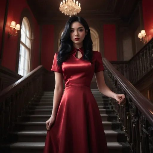 Prompt: (satin uniform a-line dress), deep red color, full body woman, (long black hair), beautifull facial features, spotlight illuminating figure, luxurious mansion stairwell backdrop, opulent surroundings, rich textures, soft dramatic shadows, elegant atmosphere, high-quality details, sophisticated elegance, vivid contrasts, nostalgic ambiance, grand architecture, captivating composition, (ultra-detailed) setting, dreamy and enchanting mood.