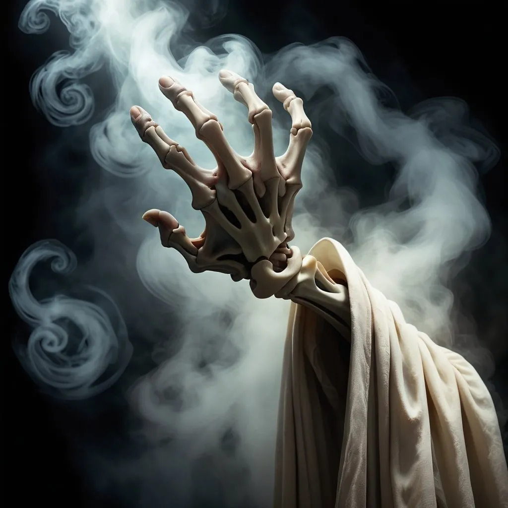 Prompt: Sinister, skeletal hand reaching towards the screen, grabbing, surrounded by illuminated magic fog, dark tones, high quality, ivory style, detailed, eerie, robes, mysterious, illuminated magical swirls, mystical, sinister theme, skeletal, hand of death, creepy, magical, bone structure, haunting