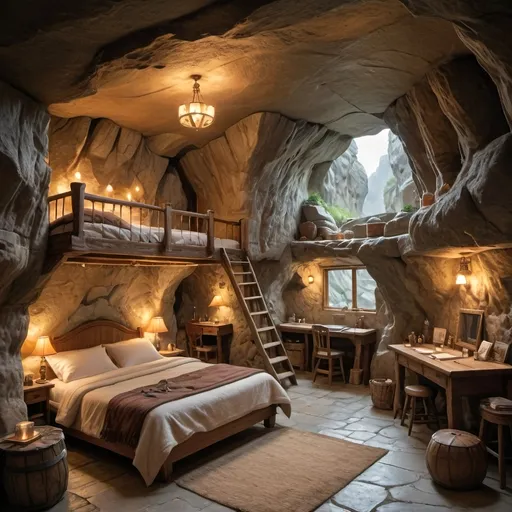 Prompt: spacious cabin in a cave, warm stone, crackling fireplace, highres, detailed, cozy atmosphere, warm lighting, rustic charm, rock walls, rock features, small windows, rustic bed,  furs, counter, bathroom, desk,  water color painting