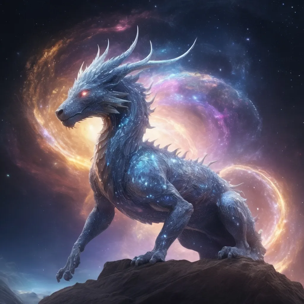 Prompt: (dragon as a celestial starsign), illuminating the universe, (ethereal glow), god-like creature, cosmic background, sparkling stars, mystical atmosphere, swirling galaxies, magical light trails, enchanting aura, (highly detailed), (4K quality), surreal interpretation, celestial fantasy, sense of wonder.