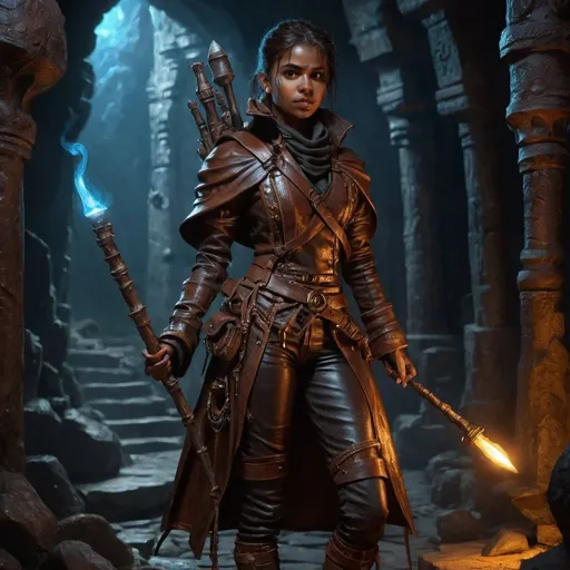 Prompt: photo realistic full body, female adivasi DnD character explorung a dungeon, sabre at the ready, glowing mage staff, oil painting, sharp lines, detailed face, perfect face, glossy leather coat, leather backpack, victorian style outfit, stalagmites, stalagtites, detailed, high quality, mushrooms, dark earthern tones, torchlight, elaborate explorer gear, ancient carvings, mysterious atmosphere, old world charm, 