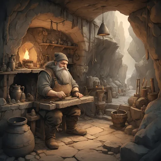 Prompt: Anton Pieck style illustration of an dwarven medieval fantasy smithy in mountaincaves, in the cave, vintage paper texture, intricate line work, high detail, intrinsic stone measonry, rustic bearded face, mystical atmosphere, anvil, bellows, hammers, warm and nostalgic tones, soft lighting, high quality, magical artifacts, nostalgic, warm tones, soft lighting, rough stone structures, sharp lines