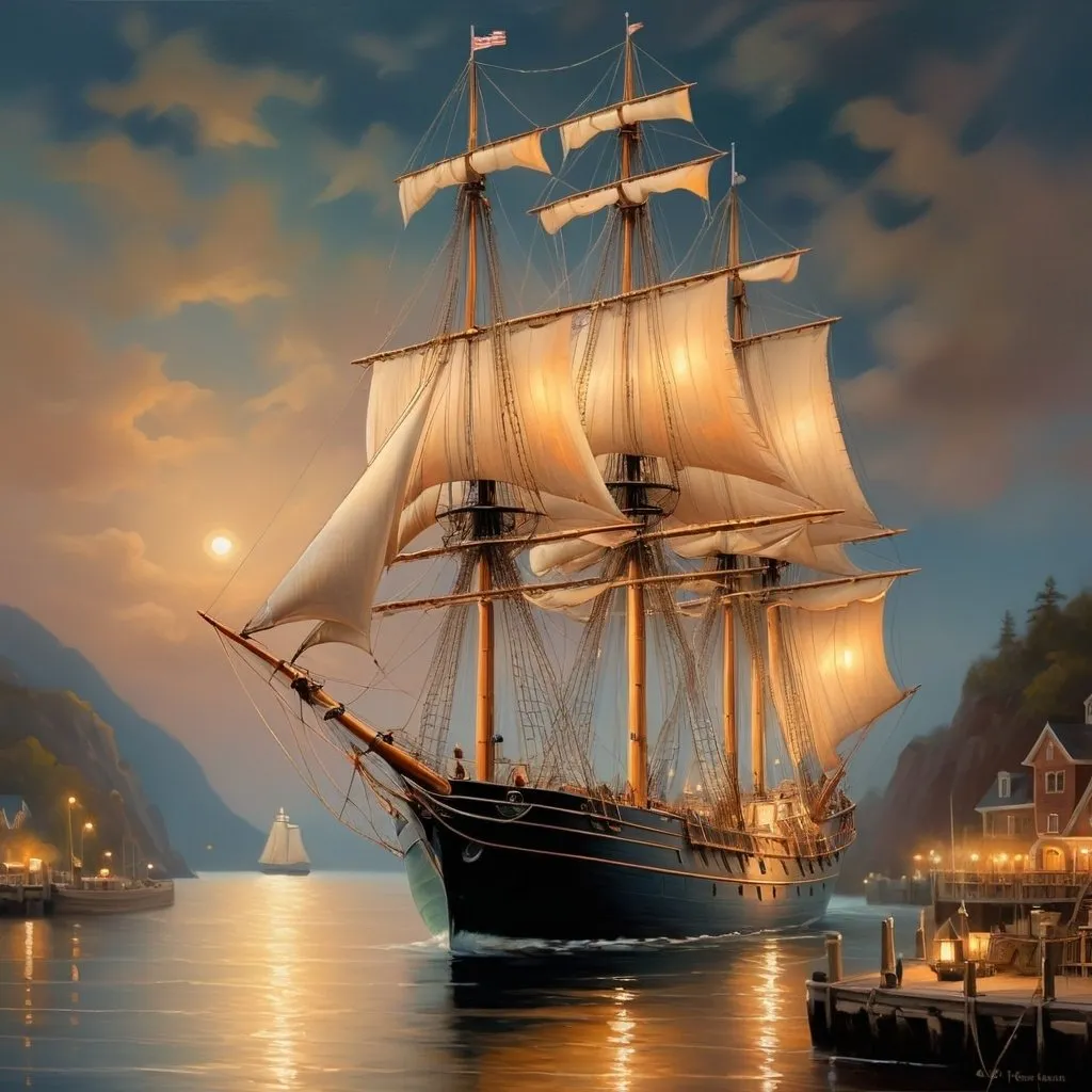 Prompt: Tall-ship sailing into harbor at night, oil painting, cozy night, detailed sails and rigging, tranquil waters, warm color tones, soft and gentle lighting, peaceful atmosphere, high quality, oil painting, serene, detailed ship, night scene, cozy ambiance