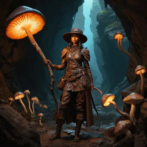 Prompt: photo realistic full body, female adivasi explorer character a large cavern complex, glowing mushrooms, glowing mage staff, oil painting, sharp lines, detailed face, perfect face, glossy leather coat, stalagmites, stalagtites, detailed, high quality, mushrooms, dark earthern tones, torchlight, Victorian attire, elaborate explorer gear, ancient carvings, mysterious atmosphere, old world charm, 