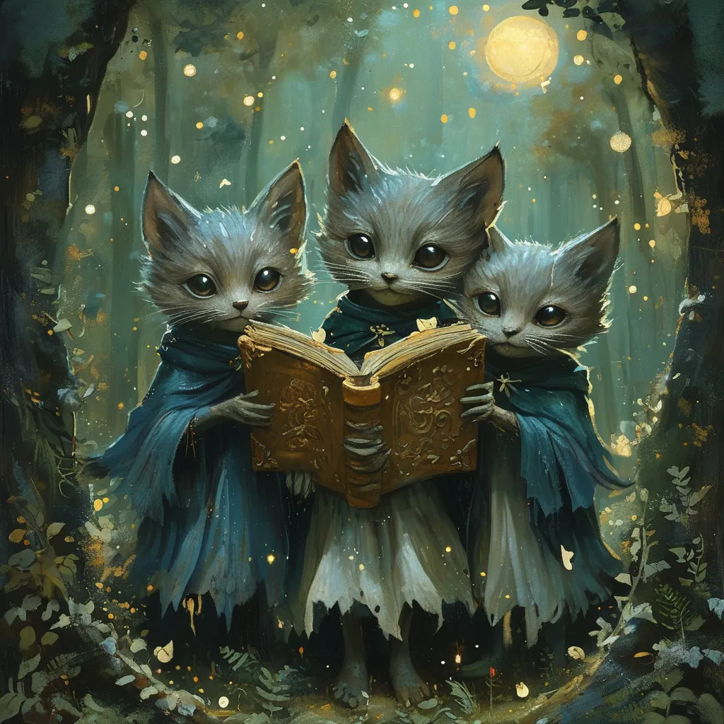 Prompt: (Imp book thief), sneaky presence in an enchanted woods, dimly lit by ethereal moonlight filtering through the trees, mischievous expression on their face, clutching an ancient tome, shadows dancing around, lush green foliage, twinkling fairy lights in the background, high detail, magical atmosphere, (4K), whimsical and darkly enchanting ambiance.