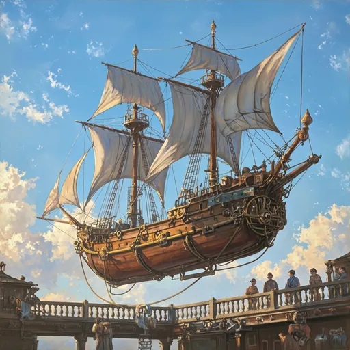 Prompt: Envision a stunning acrylic painting of an intricately designed steampunk wooden ship suspended in the azure sky. The vessel, adorned with brass elements and richly stained wood, sails billowing gracefully to the side, showcases its elaborate rigging glimmering in the soft sunlight. It is secured to a timeworn balustrade at an airship dock, where gears and levers create a sense of bustling activity. Wisps of clouds drift by, softly illuminated by the warm golden light of late afternoon. The air is filled with an electric hum, as curious onlookers gaze up in wonder, their expressions a mix of awe and excitement, capturing the essence of exploration and adventure in this whimsical steampunk realm. The painting evokes a sense of nostalgia and fantasy, perfect for a dreamy art style that brings every detail to life.