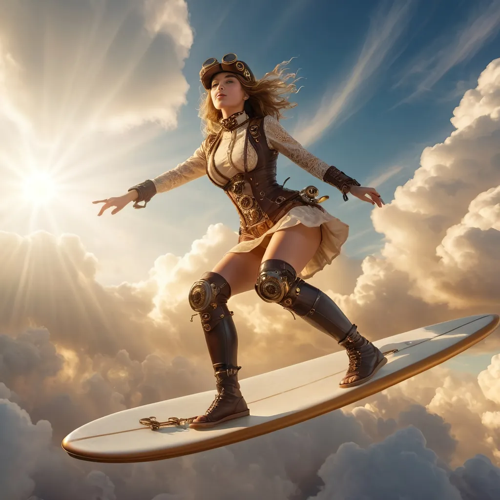 Prompt: female steampunk adventurer surfing on the clouds, high up in the sky, sleek steam punk surfboard, contact with the clouds, golden clouds, sun beams, intricate steampunk gadgets and attire, warm and radiant light, rough admosphere, gorgeous face, fantasy setting, detailed background with sunlit skies and fluffy golden clouds, dynamic and energetic pose, ultra-detailed, 4K, high quality, cinematic colors