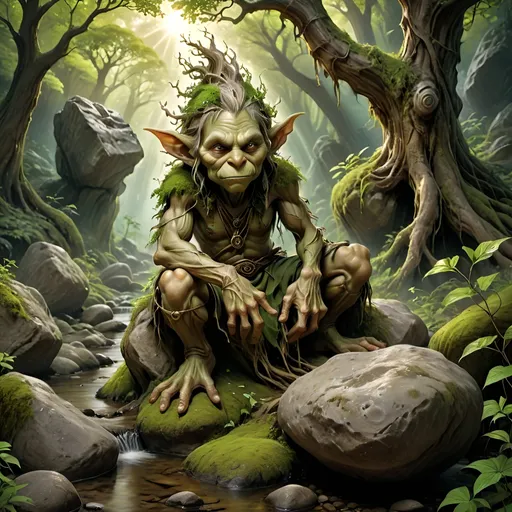 Prompt: (ancient tree growing atop a boulder in rocky terrain), Green and wooden aspects, magical illuminating swirls, goblin shaman character sitting on a nearby rock, little stream flowing from the tree, sacred grove, mystical atmosphere, warm golden and emerald tones, rays of light filtering through the branches, enchanted forest background with dense foliage, high-definition, ultra-detailed, cinematic lighting, serene and awe-inspiring, crisp image quality, nature's magic, intricate root systems wrapping around the boulder, ethereal vibes.