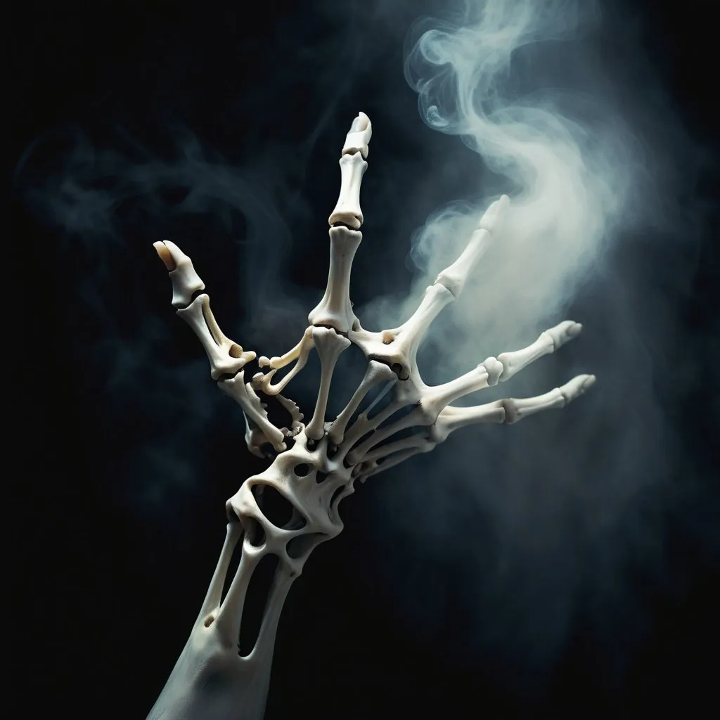 Prompt: Sinister, skeletal hand reaching towards the screen, grabbing, surrounded by illuminated magic fog, dark tones, high quality, ivory style, detailed, eerie, mysterious, illuminated magical swirls, mystical, sinister theme, skeletal, hand of death, creepy, magical, bone structure, haunting