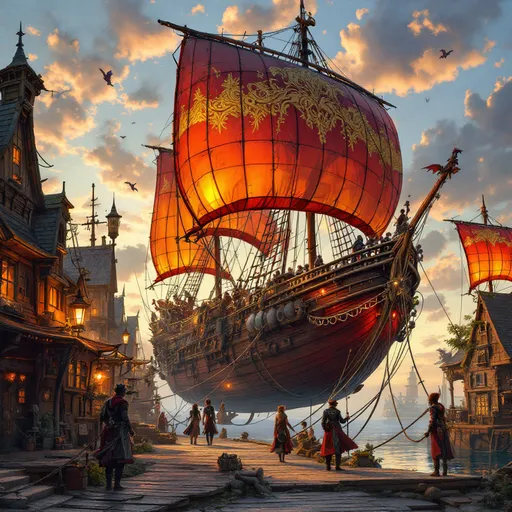 Prompt: Visualize a bustling fantasy airship dock, where a majestic wooden ship, adorned with vibrant sails, is gently tethered to the towering wooden structures of the port. The airship, with its grand balloon painted in shades of deep crimson and gold, floats gracefully against a backdrop of a twilight sky, with scattered clouds illuminated by the soft glow of the setting sun. Dappled light filters through the sails, casting playful shadows on the weathered dock. Crew members, clad in eclectic steampunk attire, bustle about, checking the ropes and preparing for the next journey, their faces alight with excitement. The gentle sound of wind whistles through the rigging, adding to the enchanting atmosphere, while wisps of dragon-like air creatures flit curiously around the airship. Imagine this scene in a richly detailed, cinematic painting style.